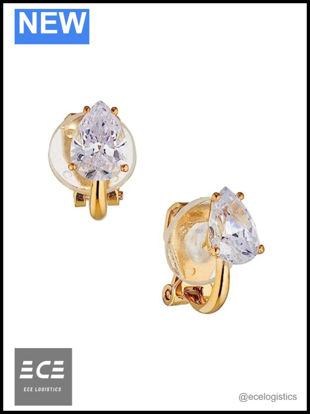 Clip-On Pear CZ Stud Earrings, 18k Gold Plated, Lightweight